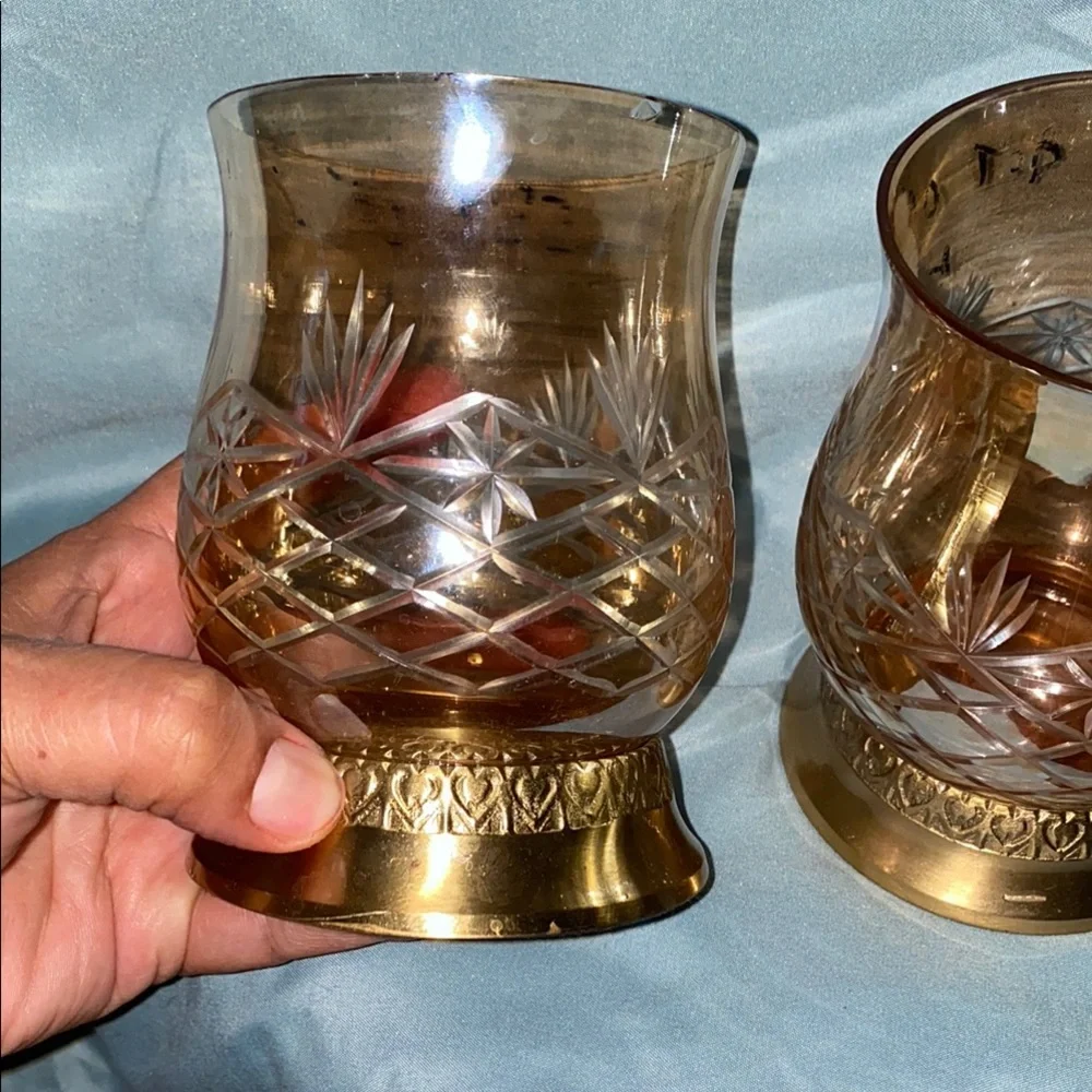 BX48 Elegant Amber Glass Candle Holders with Gold Base